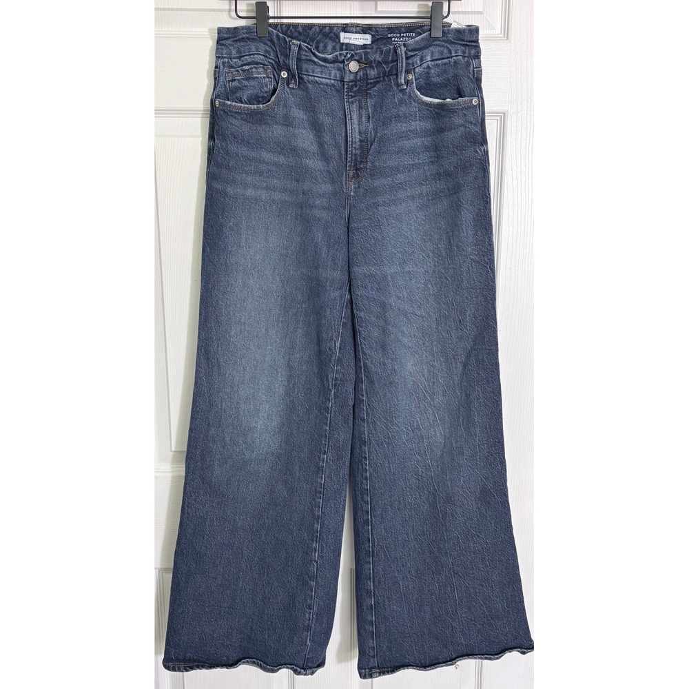 Good American Good Petite Palazzo Jeans 10/30 Blue High Rise Wide Leg 31 Inseam